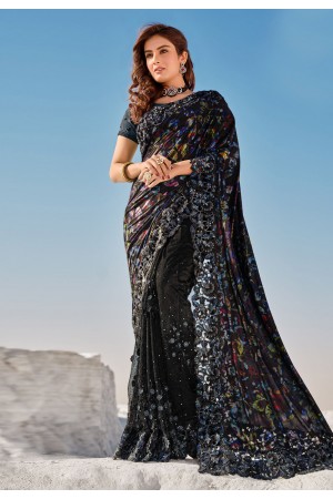 Black net saree with blouse 5704