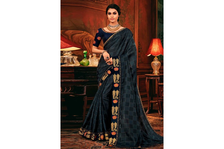 Shades of Grey Knitted Sequin Saree with Blouse Fabric