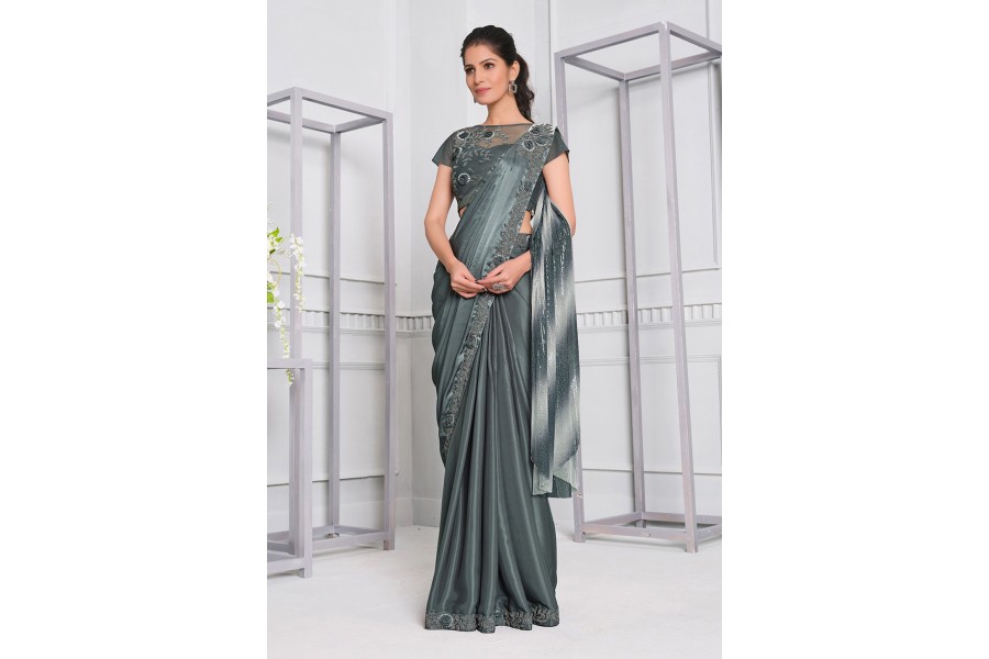 Women's Silk Blend Grey Printed Designer Saree With Blouse Piece