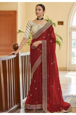 Maroon organza party wear saree with blouse 7411