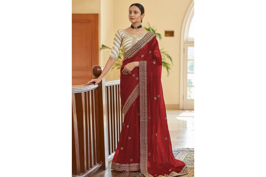 Women's Organza Maroon Embroidered Designer Saree With Blouse Piece