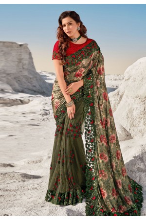 Mehndi net saree with blouse 5707