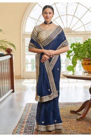 Navy blue organza party wear saree 7407