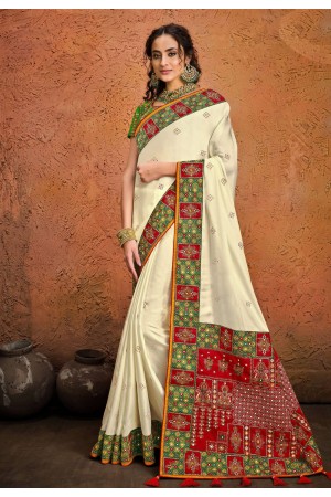 Off white satin festival wear saree 5602