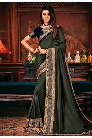 Olive green silk party wear saree 114360