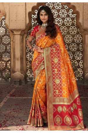 Orange banarasi silk festival wear saree 10115