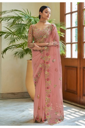 Peach organza party wear saree with blouse 7403