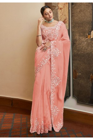 Peach organza saree with blouse 7409