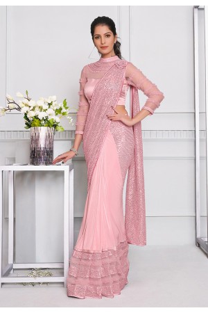 Pink lycra designer saree with blouse 21505