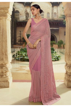 Pink net party wear saree 6213