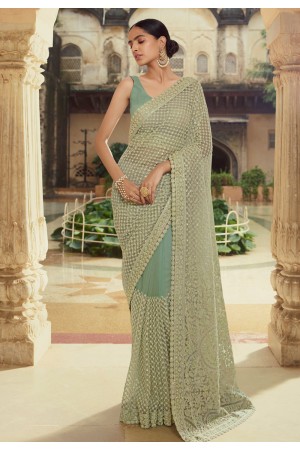 Pista green net party wear saree 6203