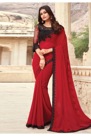 Red georgette saree with blouse 809