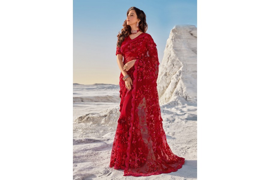 Red net festival wear saree 5701