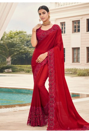 Red satin silk saree with blouse 6601