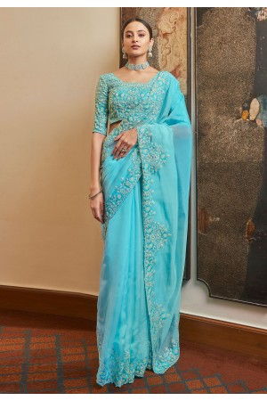 Sky blue organza saree with blouse 7401