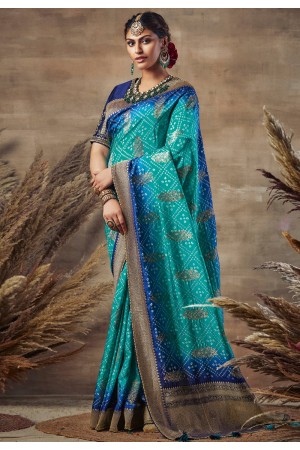 Turquoise banarasi silk saree with blouse 123676