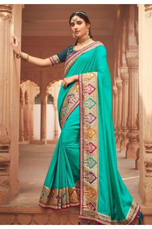 Turquoise silk festival wear saree 1907