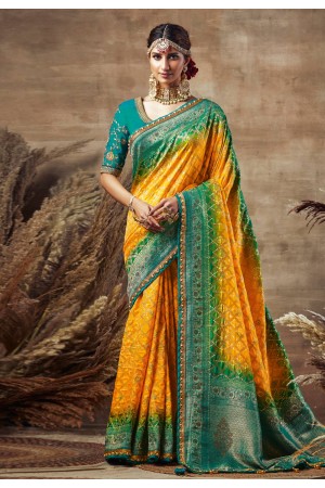 Yellow banarasi silk festival wear saree 123681