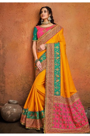 Yellow satin saree with blouse 5601