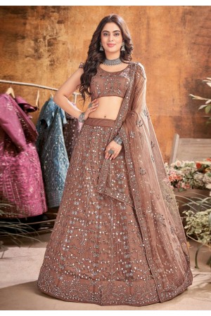 Brown net sequins work lehenga choli 1083