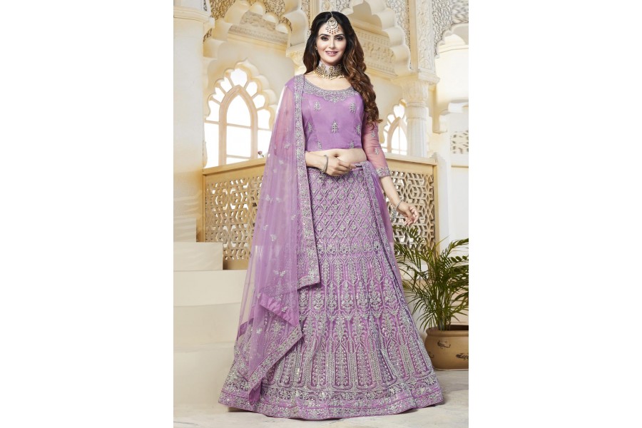 Purple Net Embroidered Wedding Style Lehenga Choli