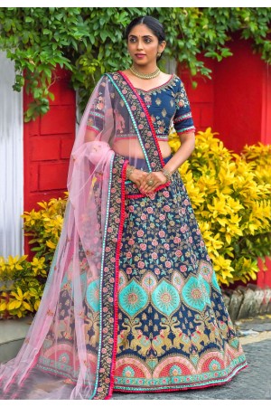 Navy blue silk embroidered flared lehenga choli 1149