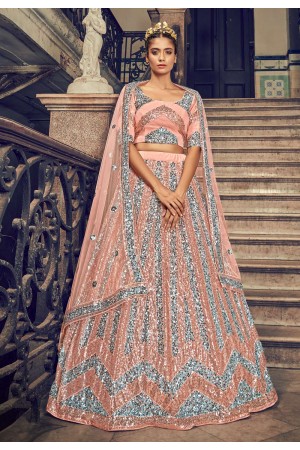 Peach net sequins work lehenga choli 1701