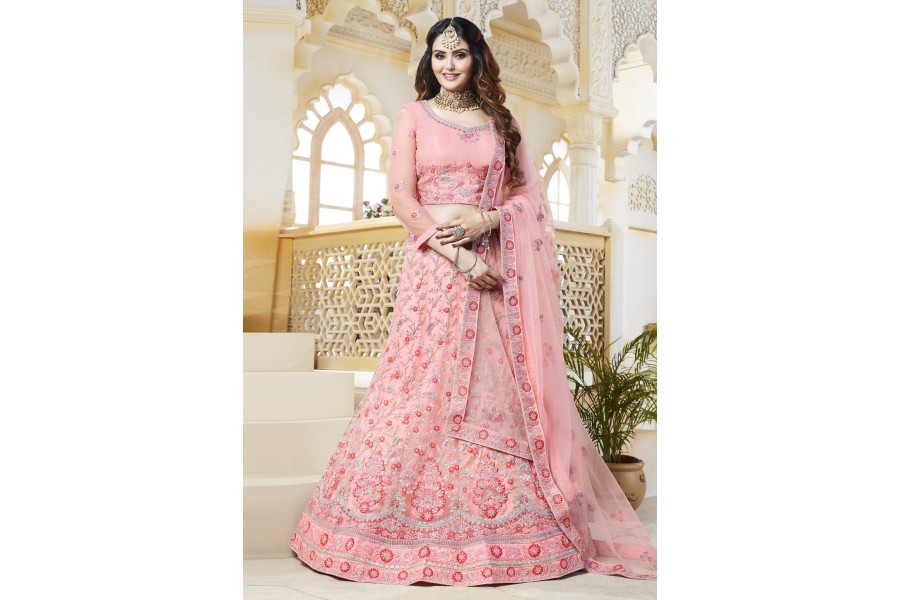 Dark Pink Embroidered Designer Net Lehenga Choli main image 1