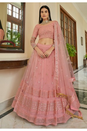 Pink net sequins work lehenga choli 7309