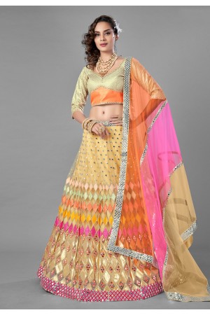 Yellow net mirror work lehenga choli 6810