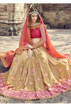 Beige Colored Embroidered Faux Georgette Partywear Saree 1906