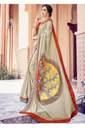 Beige Colored Printed Art Silk Officewear Saree 5102