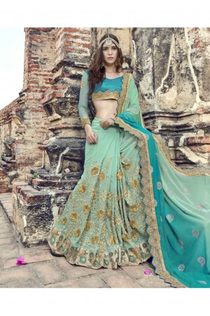 Green Colored Embroidered Faux Georgette Festive Saree 1905