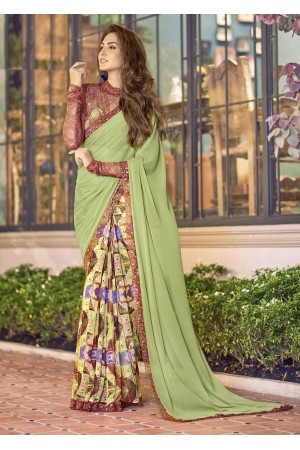 Green Colored Printed Chiffon Georgette Festive Saree 2110