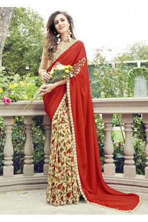 Off White Colored Printed Chiffon Georgette Festive Saree 2102