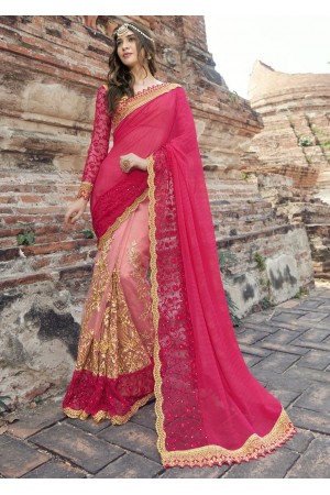 Peach Colored Embroidered Faux Georgette Festive Saree 1902