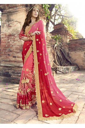 Peach Colored Embroidered Faux Georgette Partywear Saree 1904