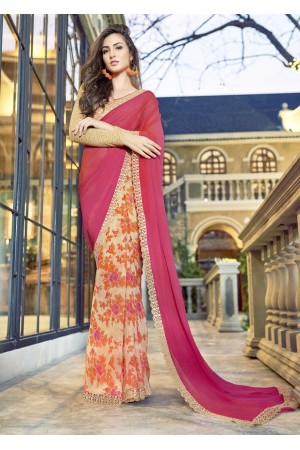 Pink Colored Printed Chiffon Georgette Festive Saree 2111