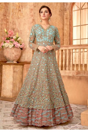 Beige net embroidered long anarkali suit 7095