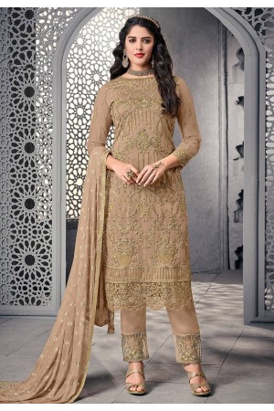 Beige net embroidered pant style suit 1006