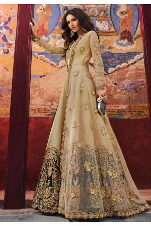 Beige silk embroidered jacket style anarkali suit 5403