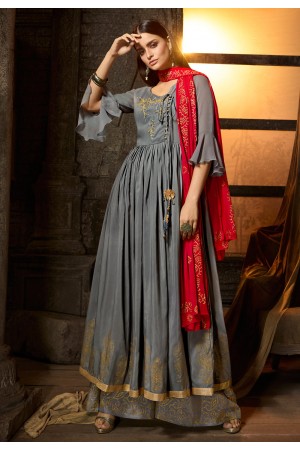 Gray muslin embroidered kameez with palazzo 7503