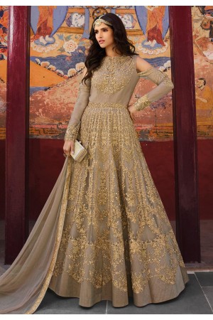 Gray net embroidered long anarkali suit 5405