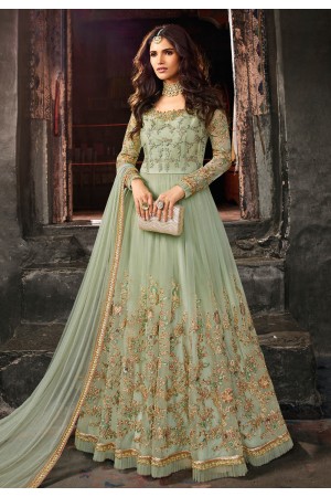 Light green net embroidered floor length anarkali suit 5401