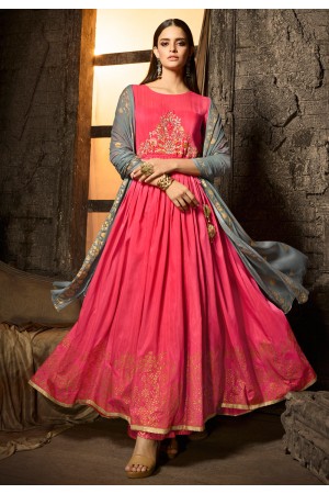 Magenta muslin embroidered kameez with palazzo 7506