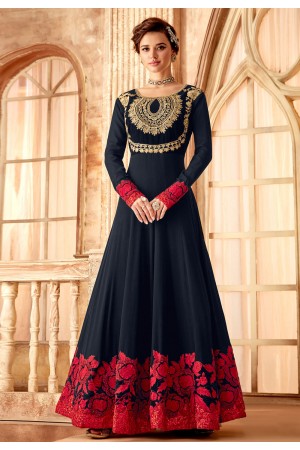 Navy blue georgette embroidered long anarkali suit 7093