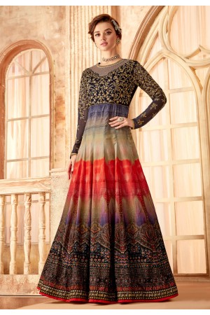 Navy blue velvet embroidered long anarkali suit 7091