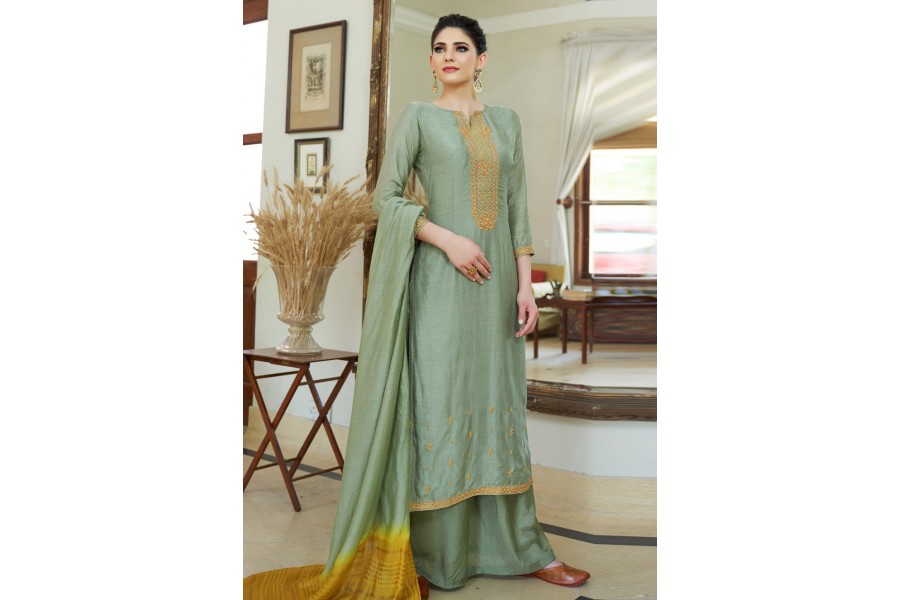 Sea Green Traditional Designer Semi-Stitched Palazzo Suit With Resham Sequence Work