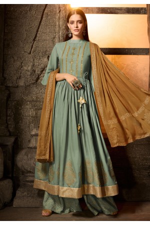 Sea green muslin embroidered kameez with palazzo 7505