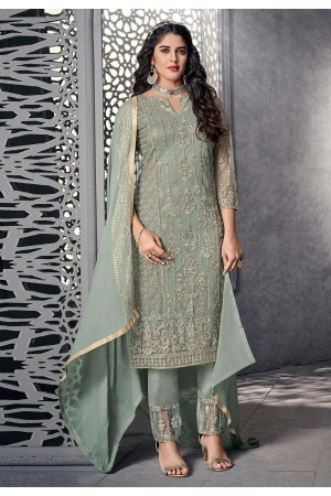 Sea green net embroidered pant style suit 1007